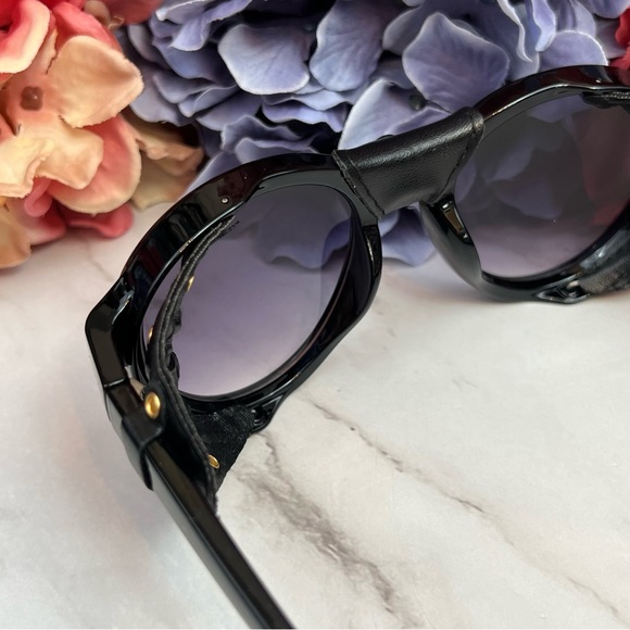 Steampunk Round Gray Gradient Black Leather Shield Polarized Sunglasses - Picture 12 of 16